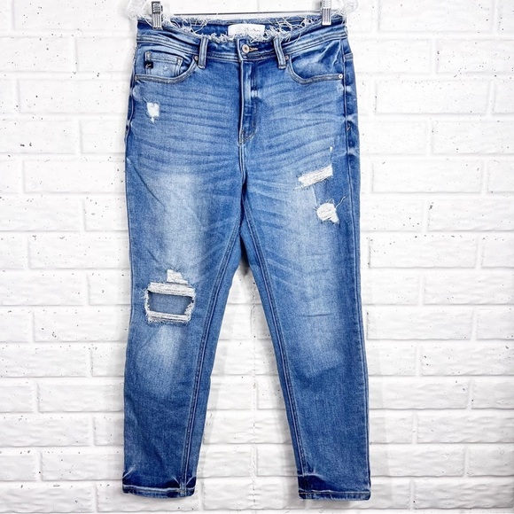 KANCAN Distressed Straight Leg Jeans raw hem and raw edge waist stretch jeans - Picture 3 of 6